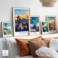 Edinburgh Travel Poster among various travel posters displayed on a stylish living room wall.