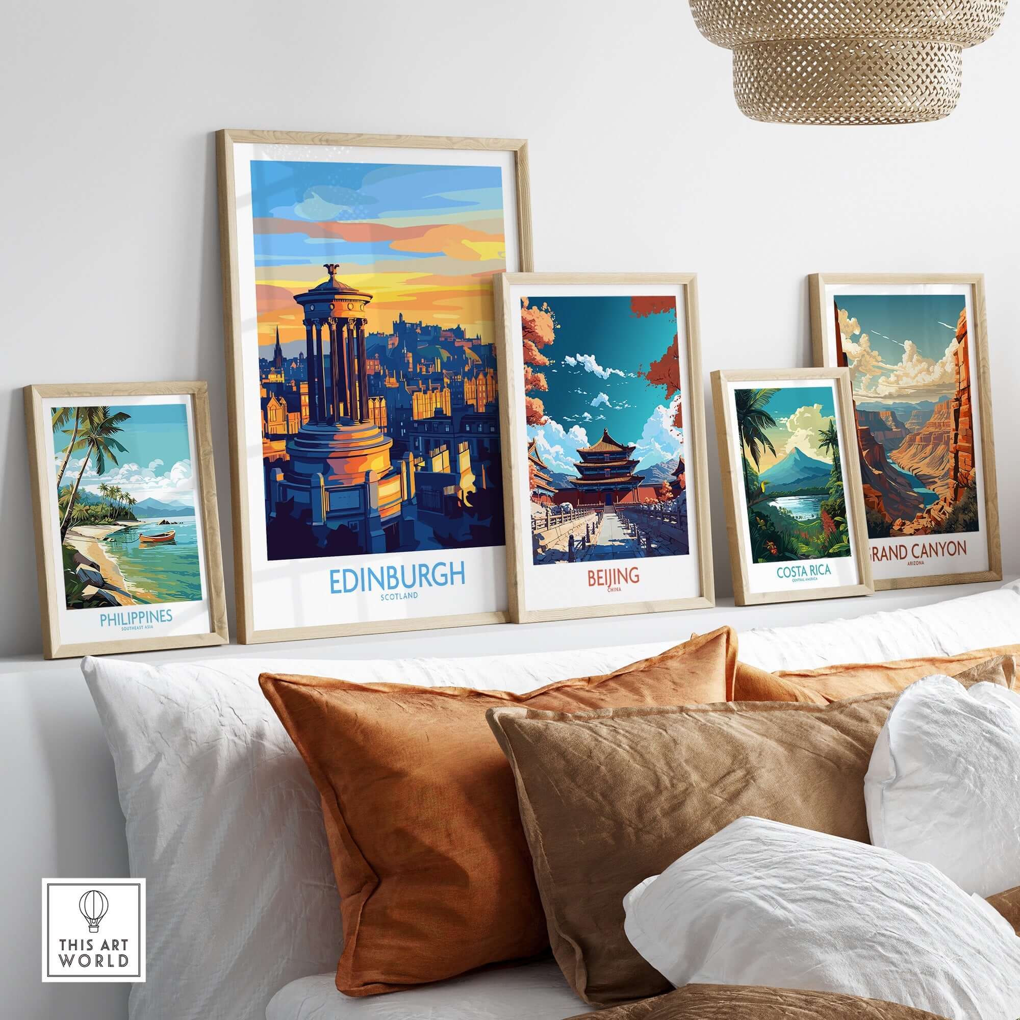 Edinburgh Travel Poster among various travel posters displayed on a stylish living room wall.