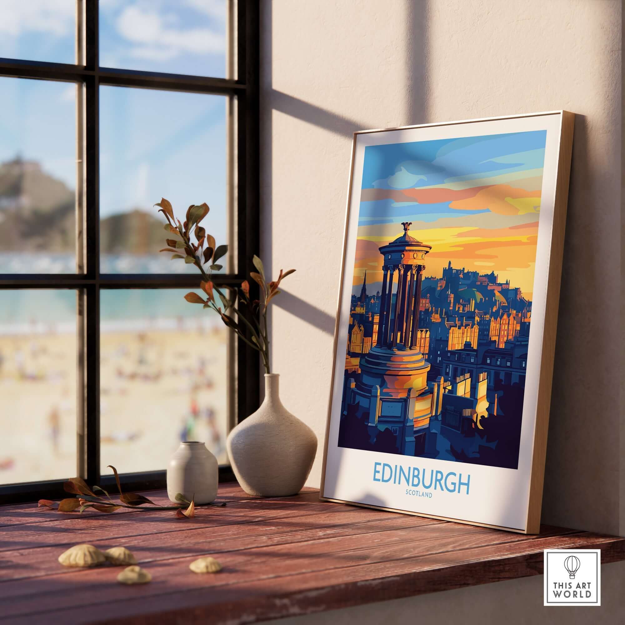 Edinburgh Travel Poster showcasing Edinburgh's landmarks and vibrant sunset in a cozy home setting.