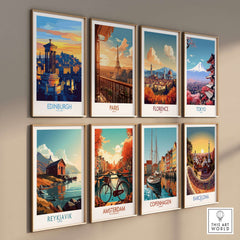 Edinburgh Travel Poster featuring the iconic skyline and landmarks of Edinburgh framed along with other city travel posters.