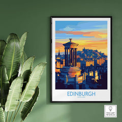 Colorful Edinburgh Travel Poster showcasing iconic landmarks against a sunset backdrop.