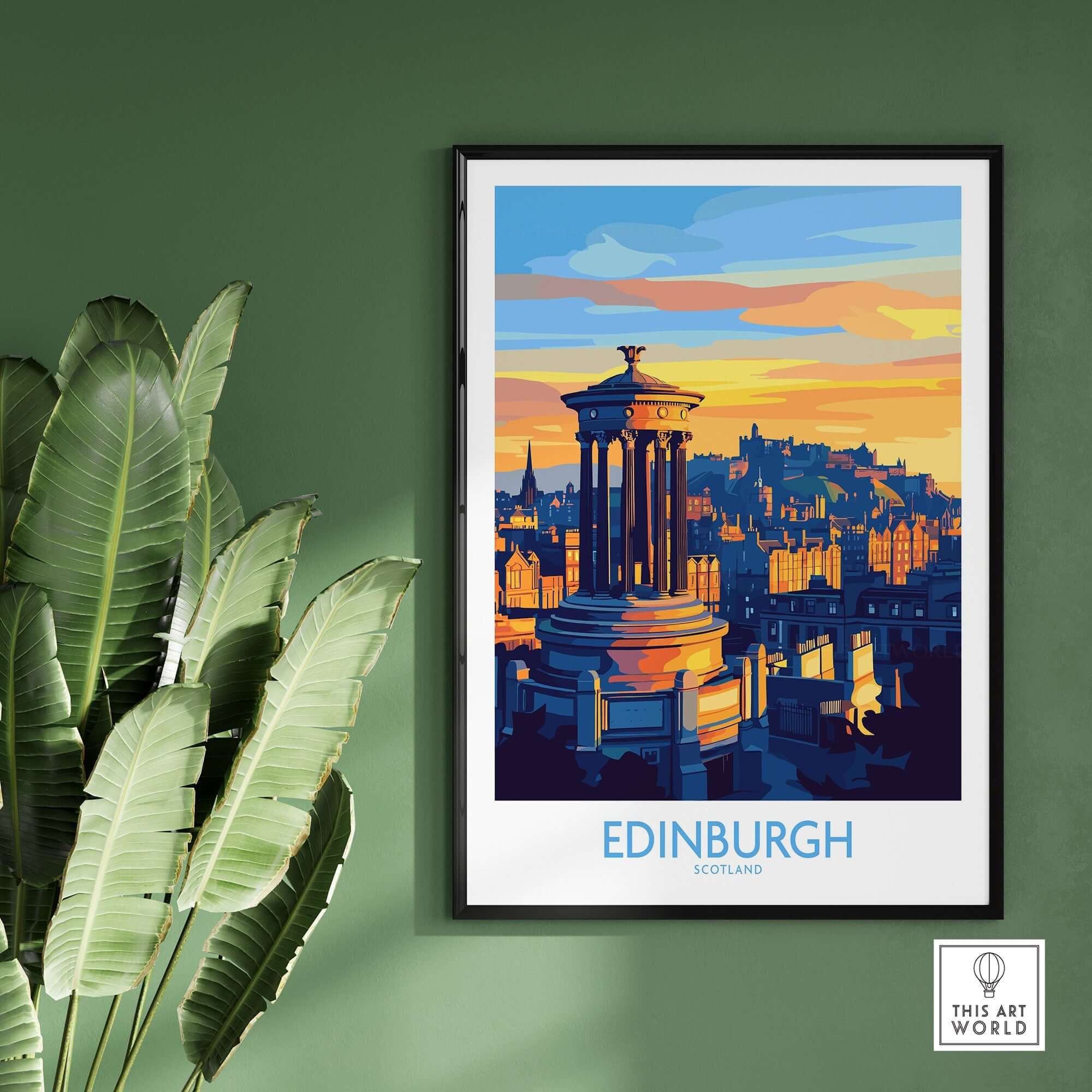 Colorful Edinburgh Travel Poster showcasing iconic landmarks against a sunset backdrop.