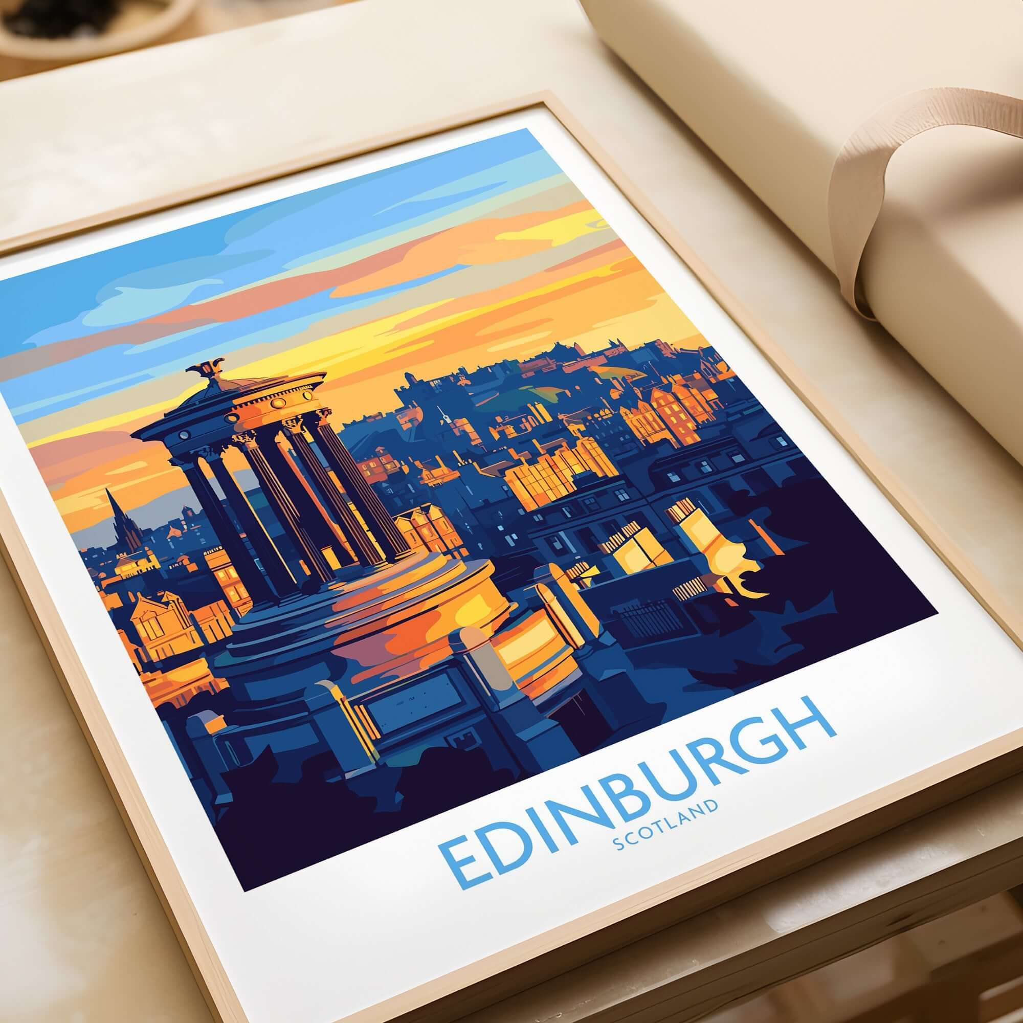 Edinburgh Travel Poster featuring iconic landmarks and vibrant sunset over the city of Edinburgh.