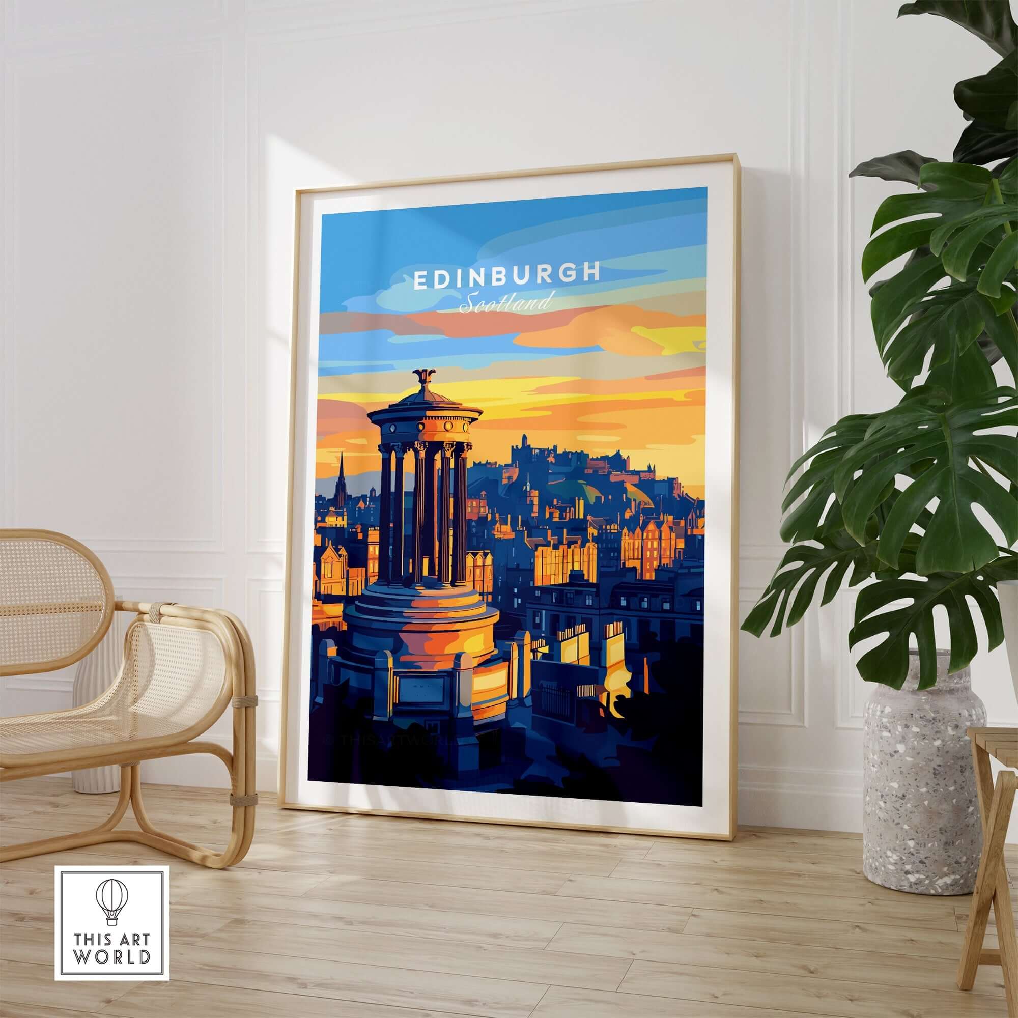 Edinburgh Travel Print showcasing stunning architectural views and vibrant colors in a stylish home setting.