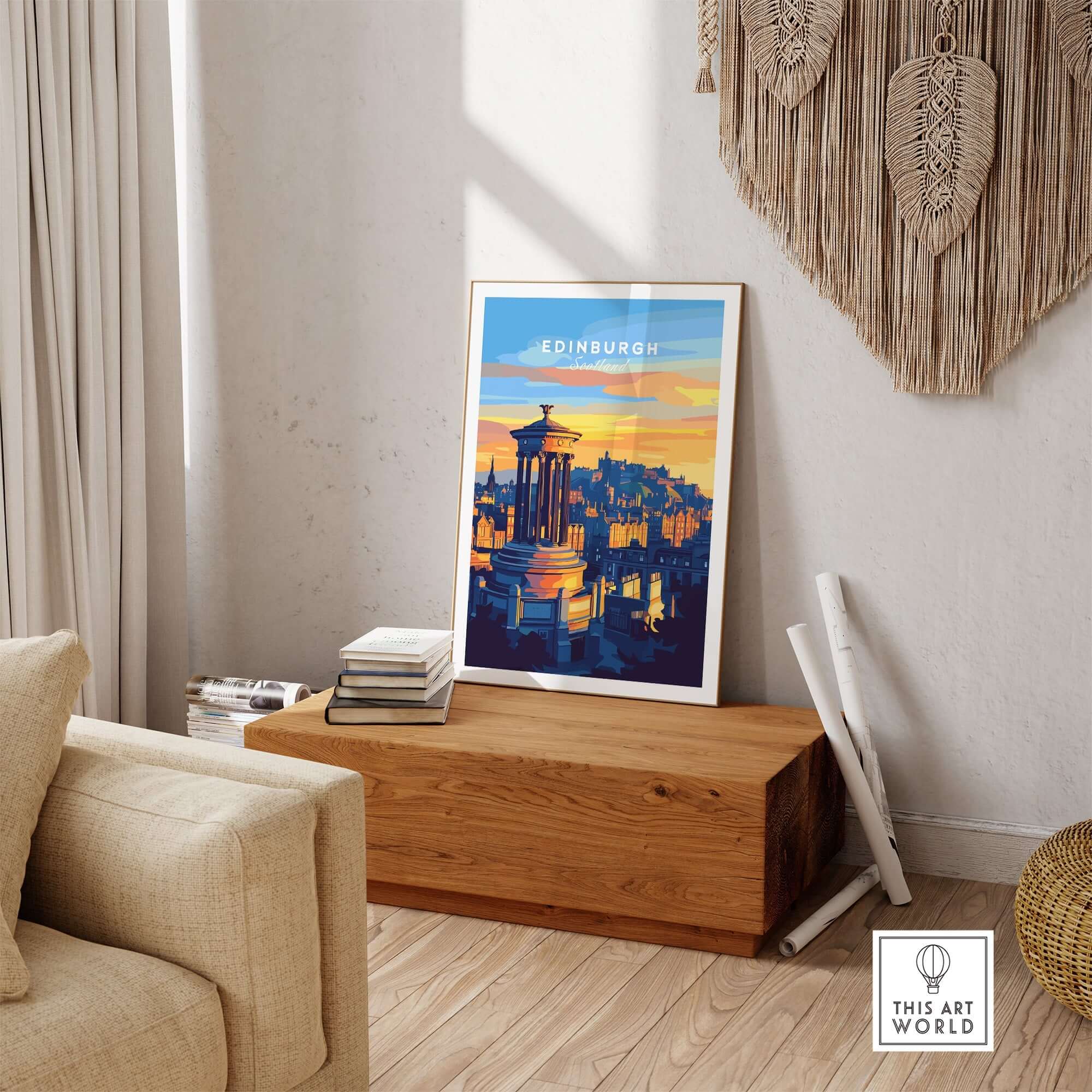 Edinburgh Travel Print showcasing the beauty of Edinburgh's architecture and sunset hues in a stylish living room setting.