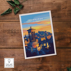 Edinburgh Travel Print showcasing Edinburgh's architecture and sunset colors, perfect for home or office decor.