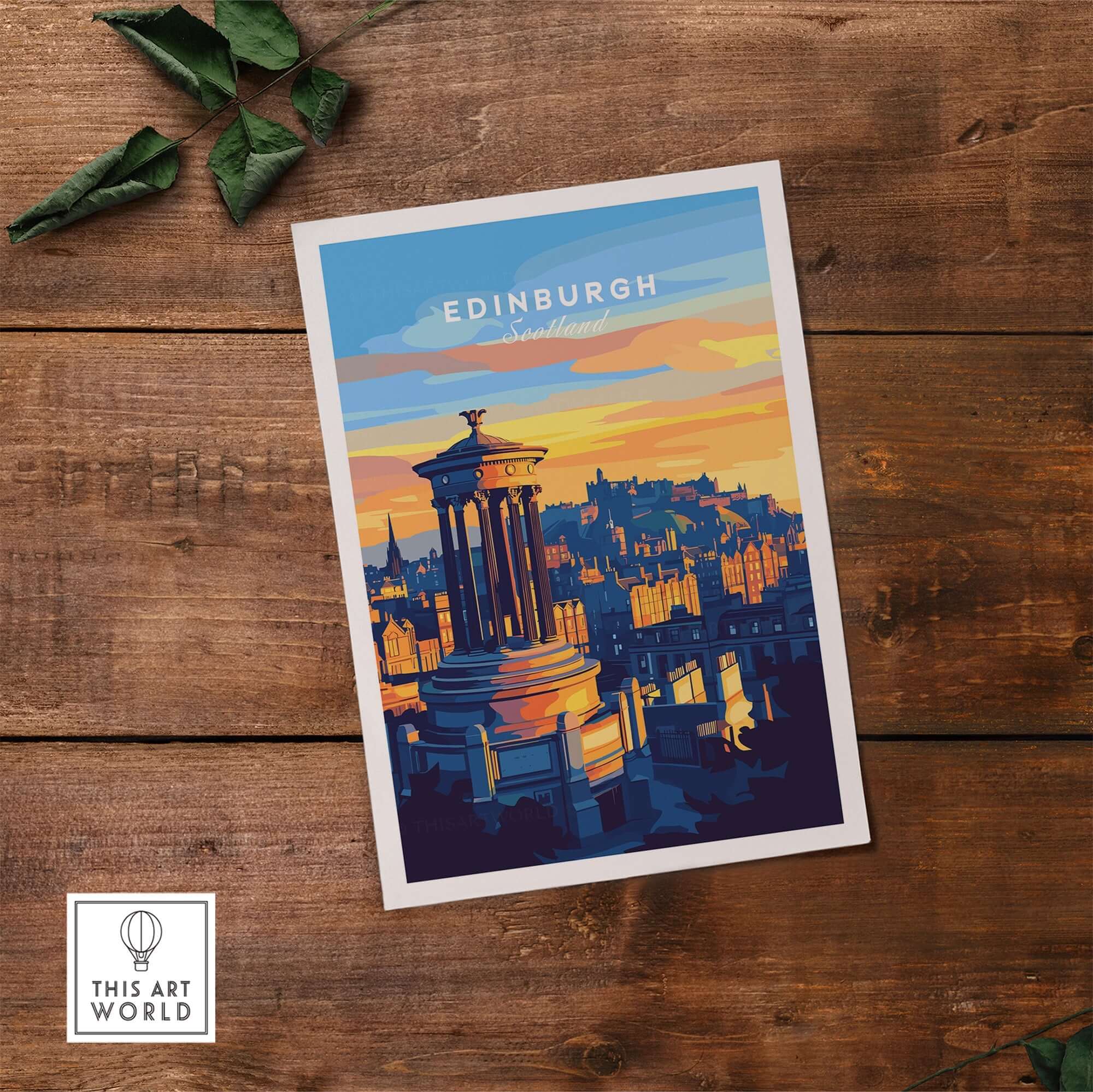 Edinburgh Travel Print showcasing Edinburgh's architecture and sunset colors, perfect for home or office decor.