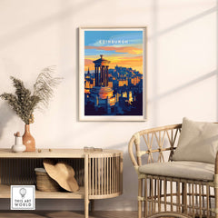 Edinburgh Travel Print showcasing Edinburgh's skyline and architecture, perfect for home or office decor.
