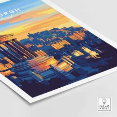 Edinburgh Travel Print showcasing the city's architecture and vibrant sunset colors.