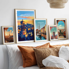 Edinburgh Travel Print showcased among other city travel prints in elegant frames on a stylish bed decoration.