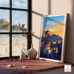 Edinburgh Travel Print showcasing Edinburgh's iconic architecture and vibrant colors in a stylish interior setting.