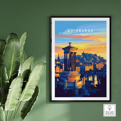 Edinburgh Travel Print showcasing the city's architecture and sunset colors in a stylish frame.