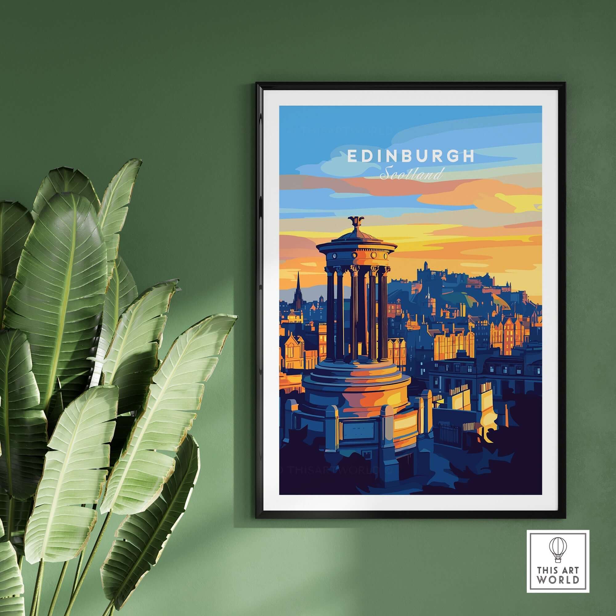 Edinburgh Travel Print showcasing the city's architecture and sunset colors in a stylish frame.