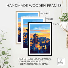 Edinburgh Travel Print displayed in handmade wooden frames: natural, white, and black options.