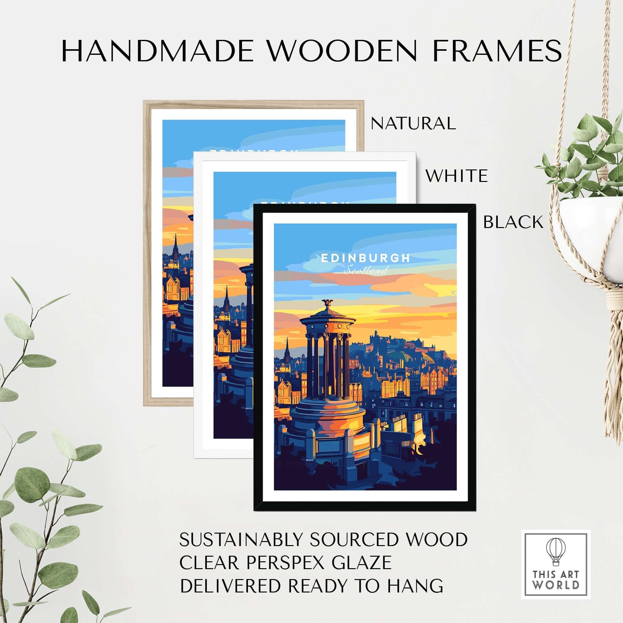 Edinburgh Travel Print displayed in handmade wooden frames: natural, white, and black options.
