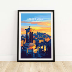 Edinburgh Travel Print showcasing the iconic Scottish architecture and vibrant sunset over the city.