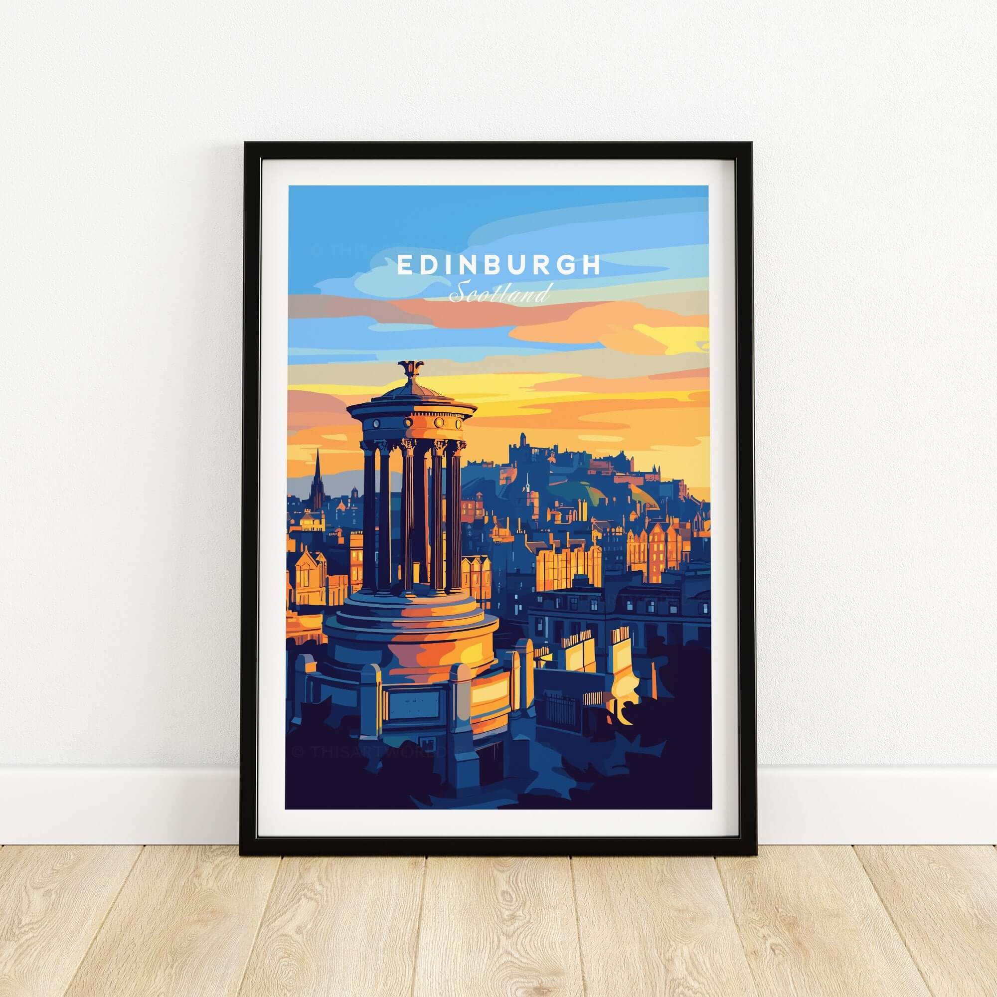Edinburgh Travel Print showcasing the iconic Scottish architecture and vibrant sunset over the city.