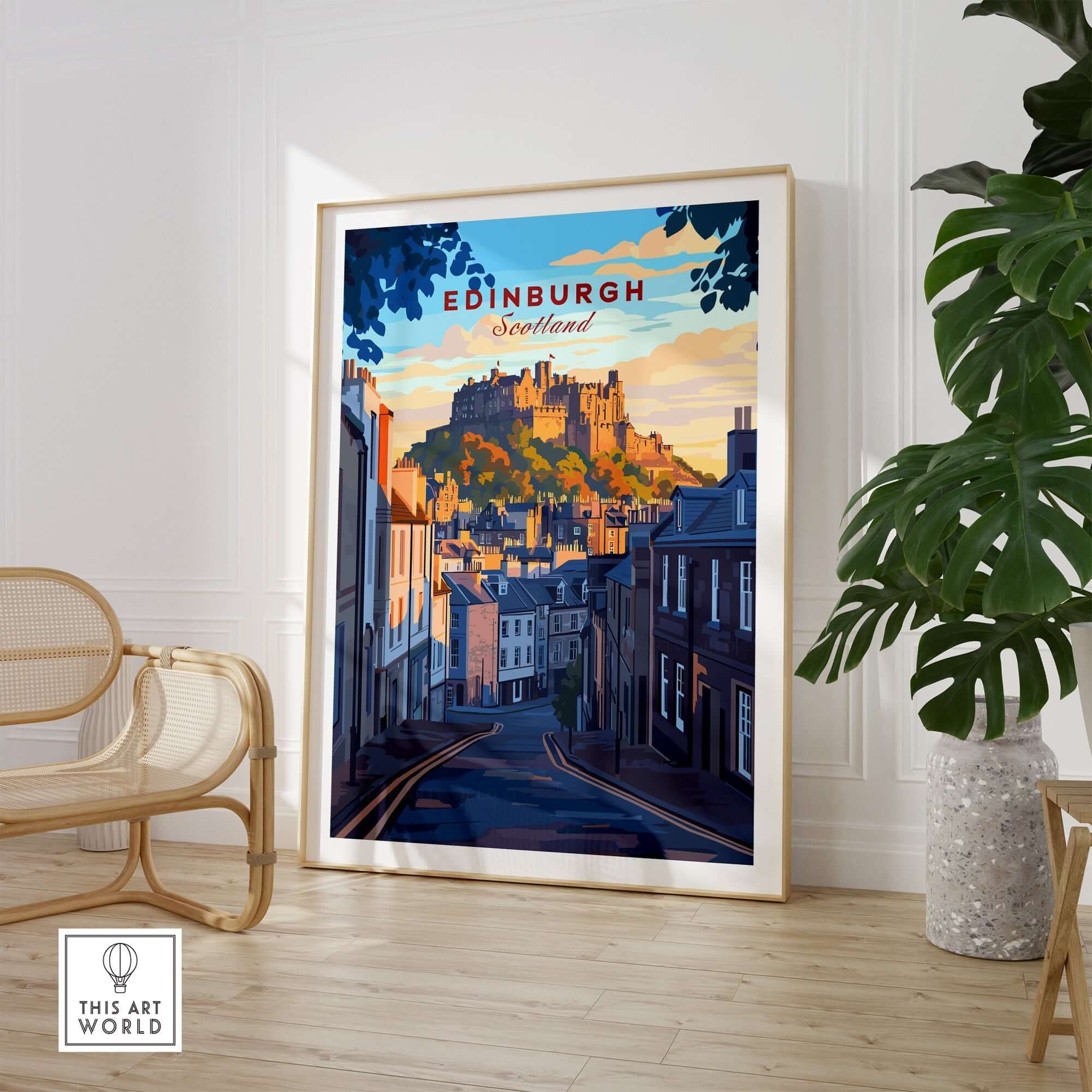 Edinburgh Wall Art featuring a colorful view of Edinburgh Castle and charming streets, perfect for home decor.