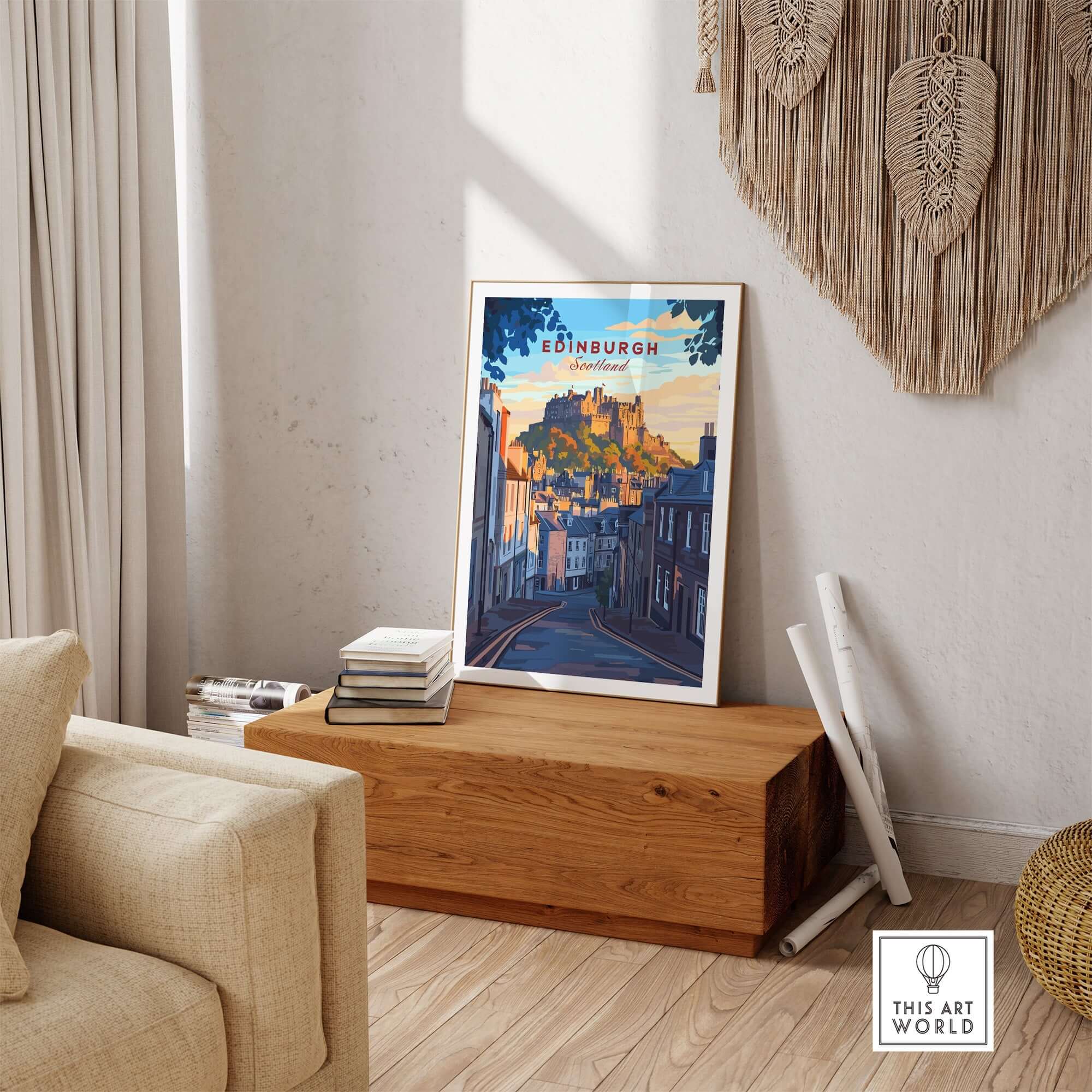 Edinburgh Wall Art displayed in a cozy living room, featuring Edinburgh castle and beautiful scenery.