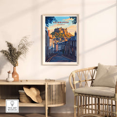 Edinburgh Wall Art featuring a stunning castle and sunset, adding charm to any room and celebrating the beauty of Scotland.