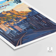 Edinburgh Wall Art featuring a scenic street leading to a castle with a sunset backdrop.