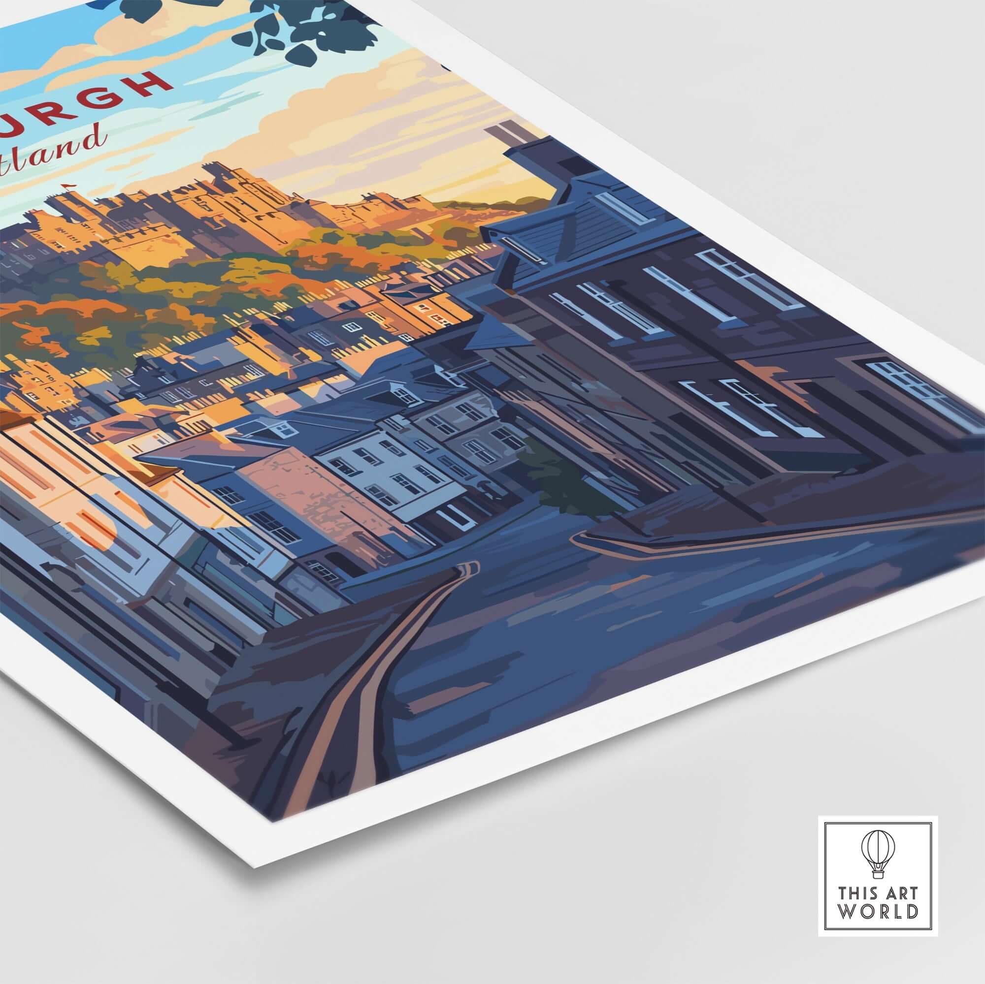 Edinburgh Wall Art featuring a scenic street leading to a castle with a sunset backdrop.