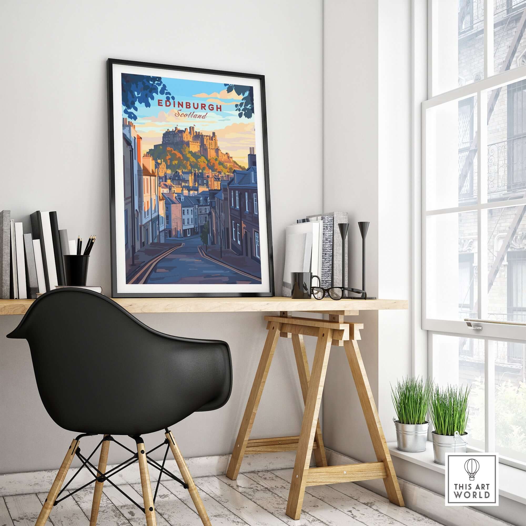 Edinburgh Wall Art framed above a stylish desk in a bright room, showcasing the beauty of Edinburgh.