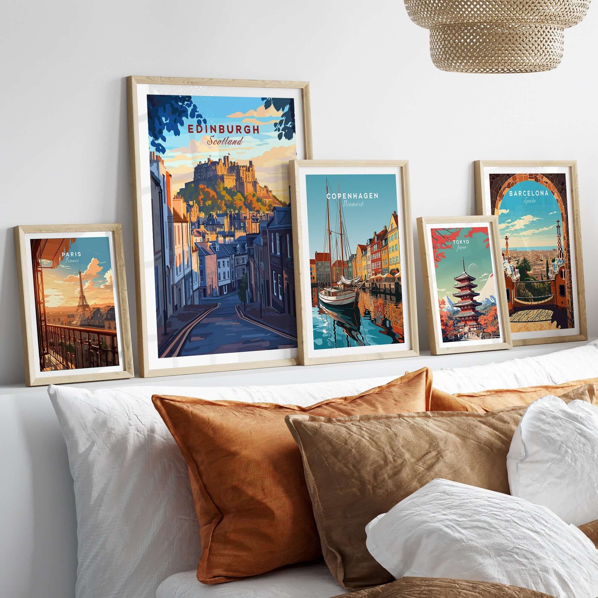 Edinburgh Wall Art showcasing a beautiful castle print among other city travel prints on a stylish wall decor display.