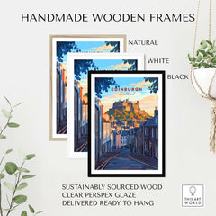 Handmade wooden frames showcasing Edinburgh Wall Art prints in natural, white, and black finishes for stylish decor.