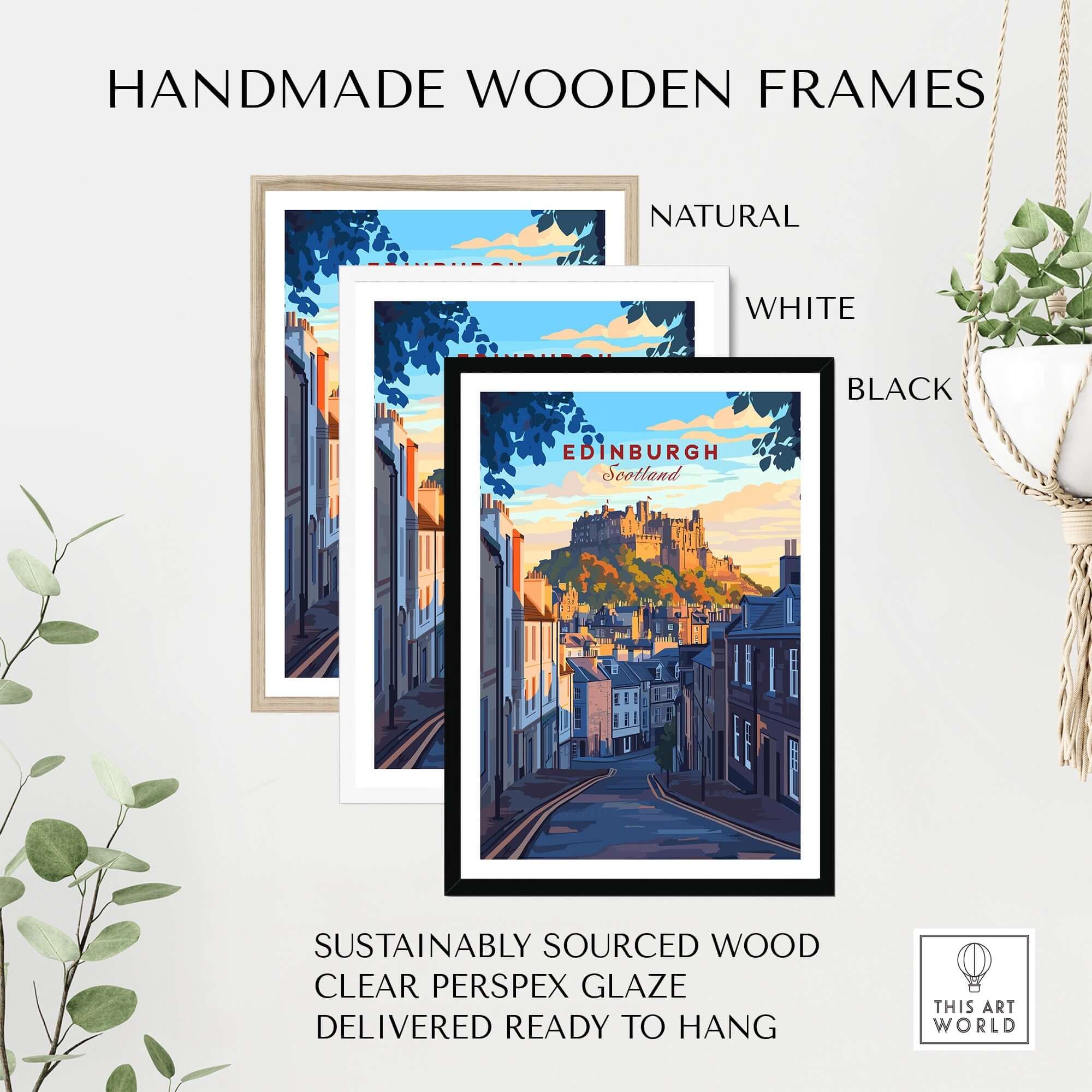 Handmade wooden frames showcasing Edinburgh Wall Art prints in natural, white, and black finishes for stylish decor.