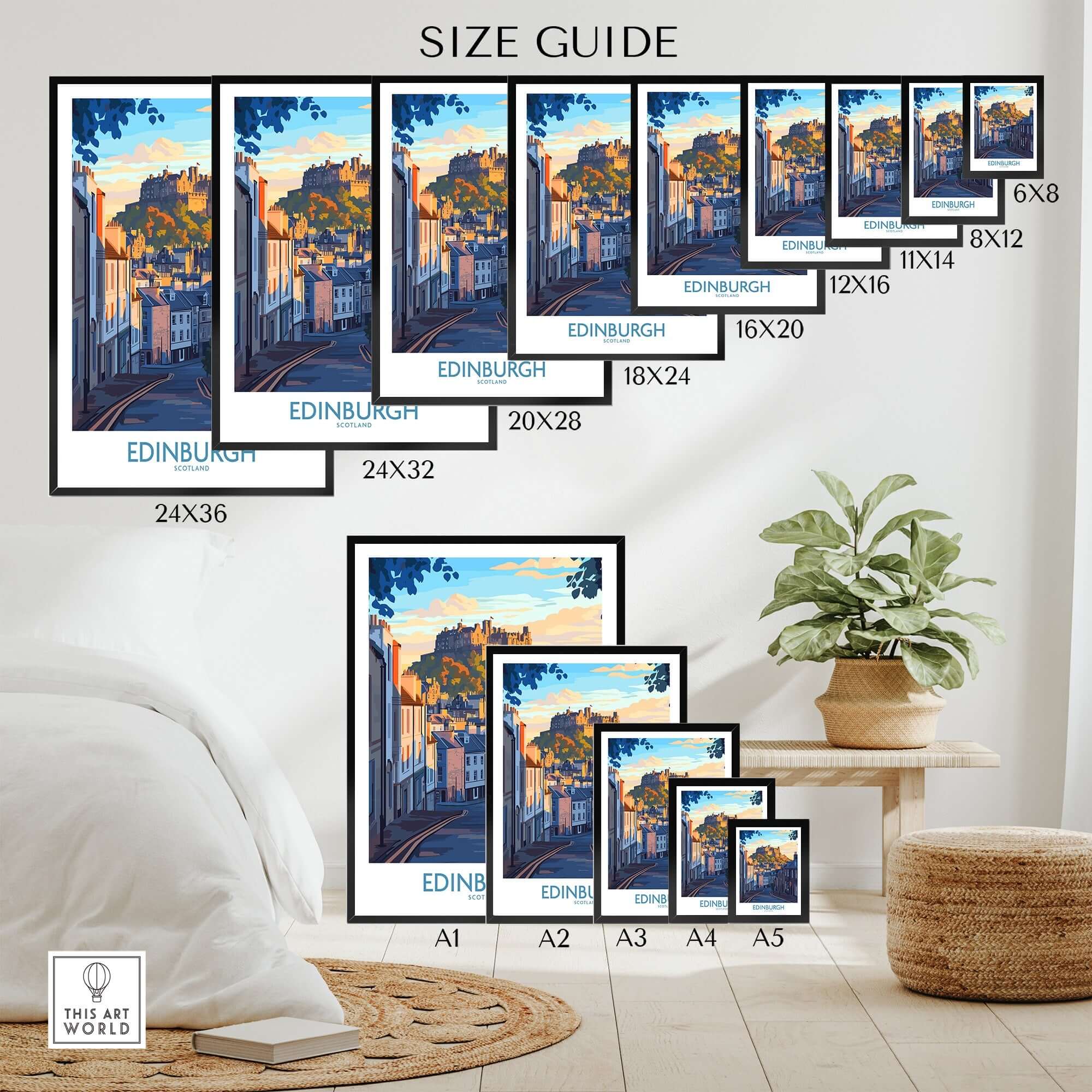 Edinburgh Wall Art Print size guide showcasing various dimensions and styles for home decoration.