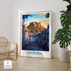 Edinburgh Wall Art Print showcasing Edinburgh castle in a stylish interior setting with greenery.