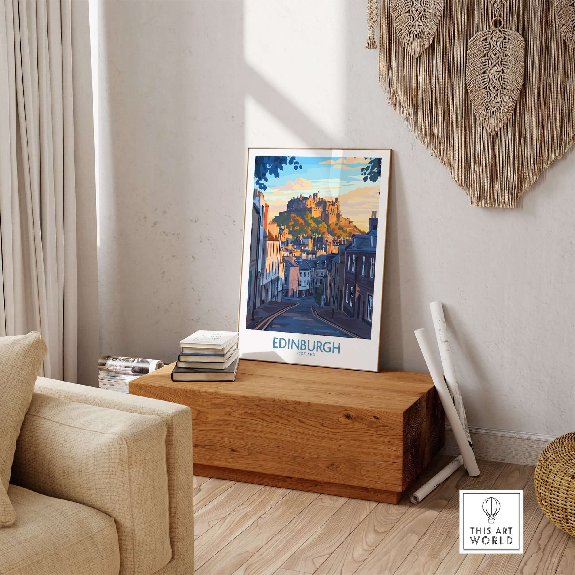 Edinburgh Wall Art Print displayed in a cozy living room, showcasing the iconic Edinburgh castle and vibrant street scene.