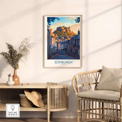 Edinburgh Wall Art Print showcasing the iconic Edinburgh castle in a stylish living room setting.