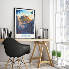 Edinburgh Wall Art Print featuring the iconic Edinburgh castle in a stylish home office setting.
