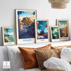 Edinburgh Wall Art Print displayed among other travel prints on a stylish wall, highlighting the iconic Edinburgh castle.