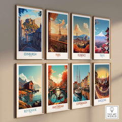 Edinburgh Wall Art Print and other city travel posters displayed on a wall.