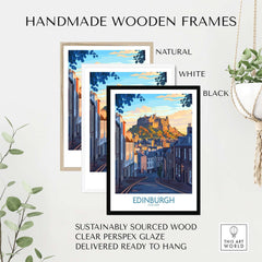 Edinburgh Wall Art Print displayed in handmade wooden frames, featuring natural, white, and black options.