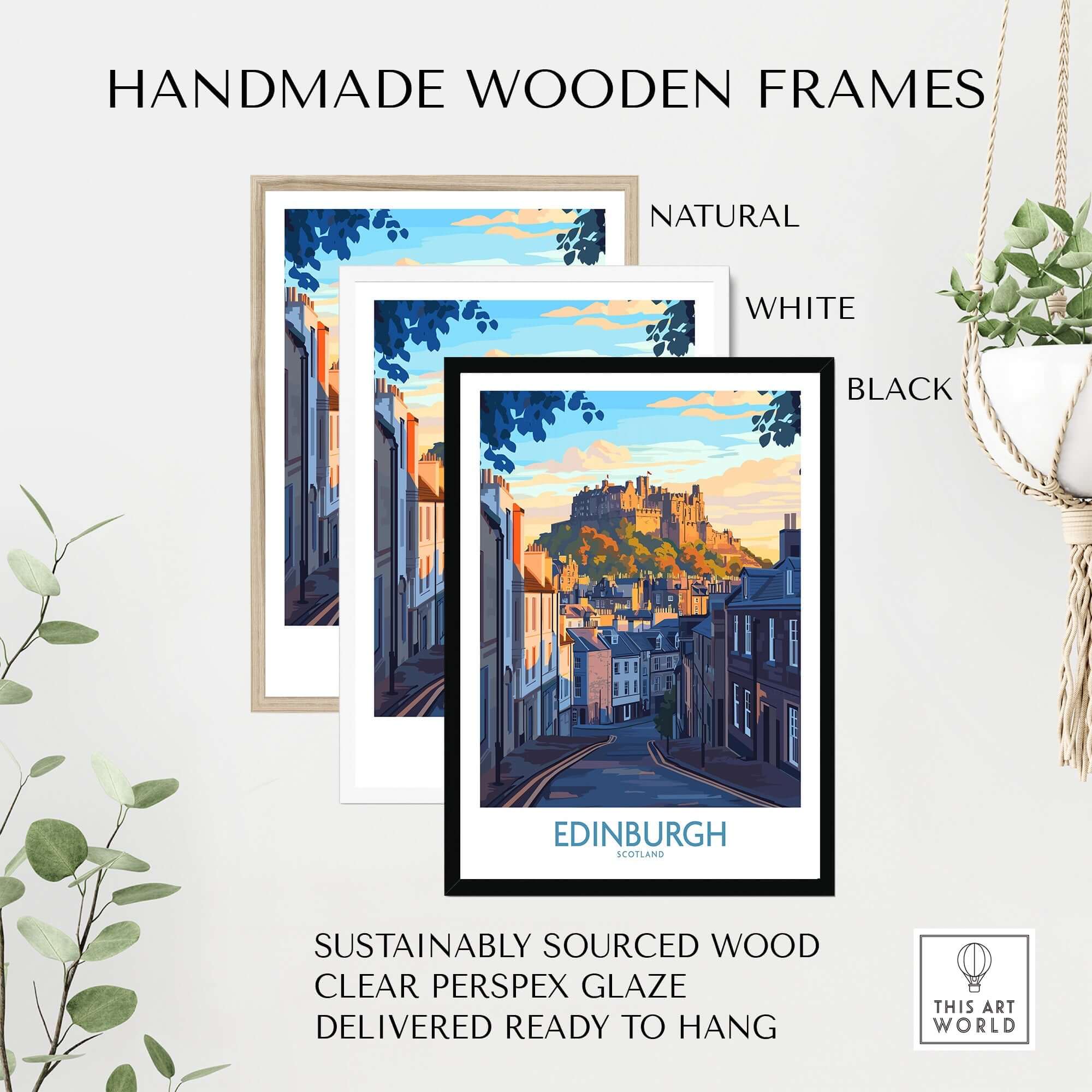 Edinburgh Wall Art Print displayed in handmade wooden frames, featuring natural, white, and black options.