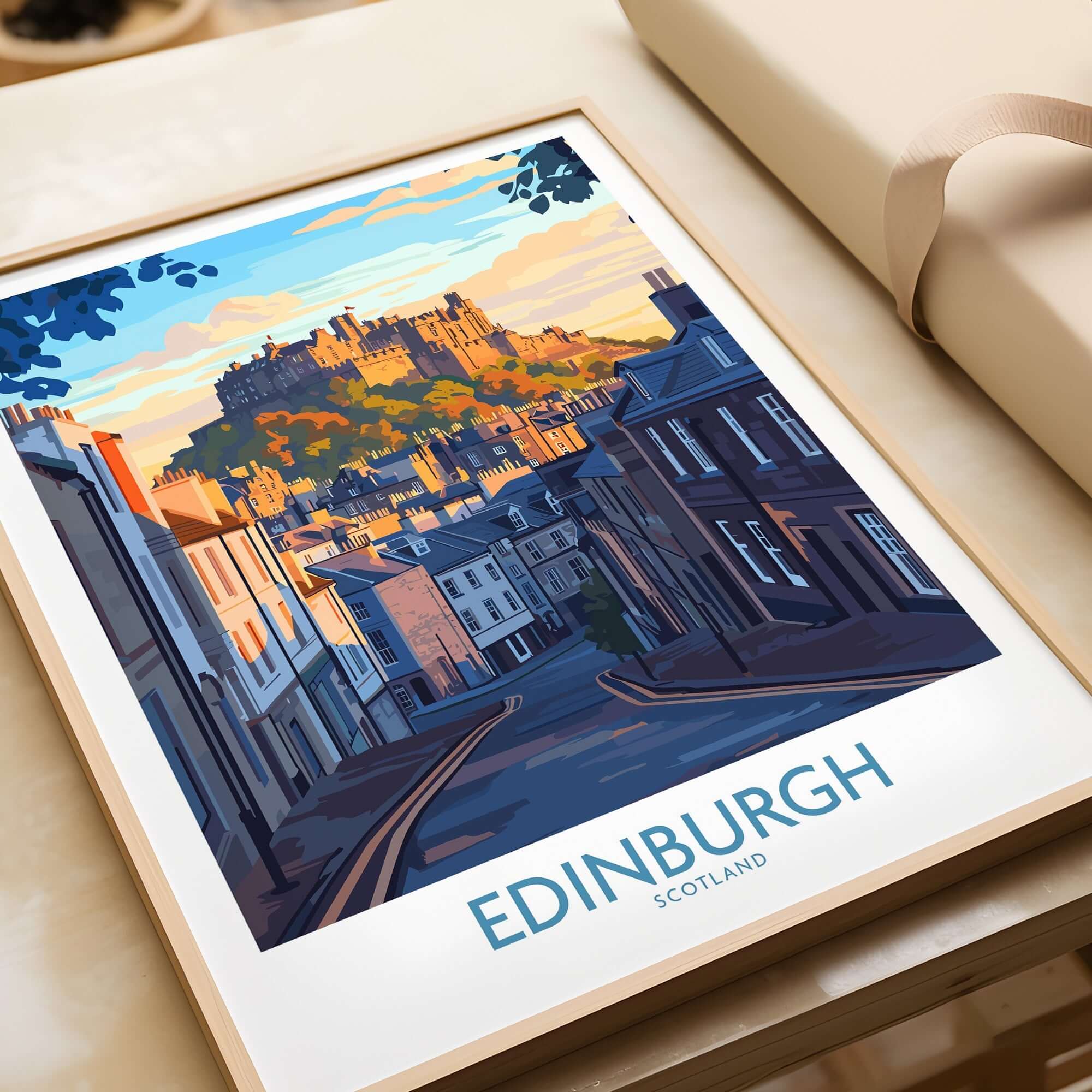 Edinburgh Wall Art Print showcasing a scenic view of Edinburgh castle at sunset, perfect for home decor.