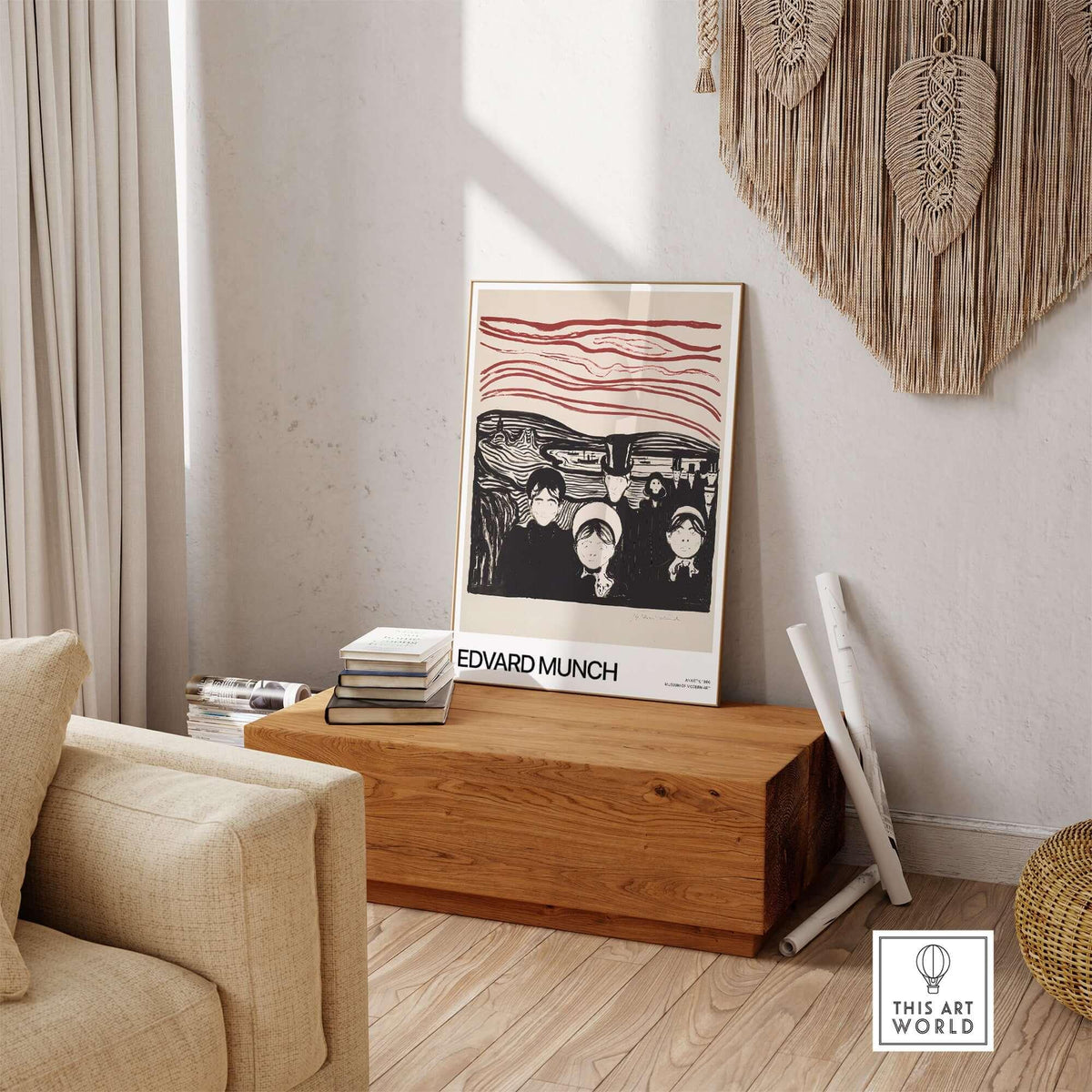 Edvard Munch Art Print - Anxiety 1896 Expressionist Lithograph MoMA Poster displayed in a modern living room.