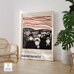 Edvard Munch Art Print - Anxiety 1896 Expressionist Lithograph MoMA Poster displayed in a modern interior.
