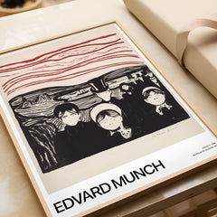 Edvard Munch Art Print - Anxiety 1896 Expressionist Lithograph MoMA Poster displayed in a frame.