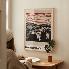 Edvard Munch Art Print - Anxiety 1896 Expressionist Lithograph MoMA Poster displayed in a cozy room setting.