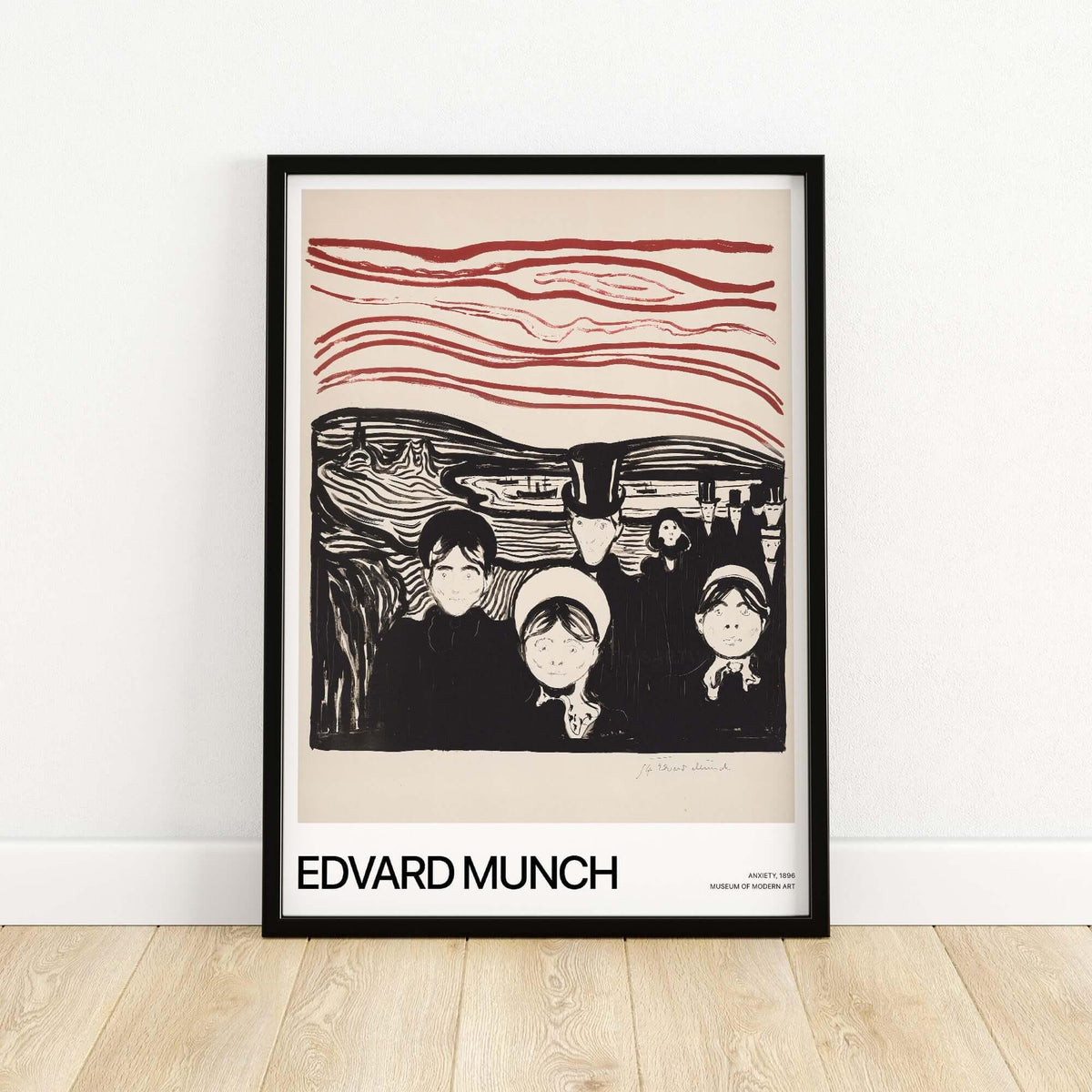 Edvard Munch Art Print - Anxiety 1896 Expressionist Lithograph MoMA Poster on display in a black frame.