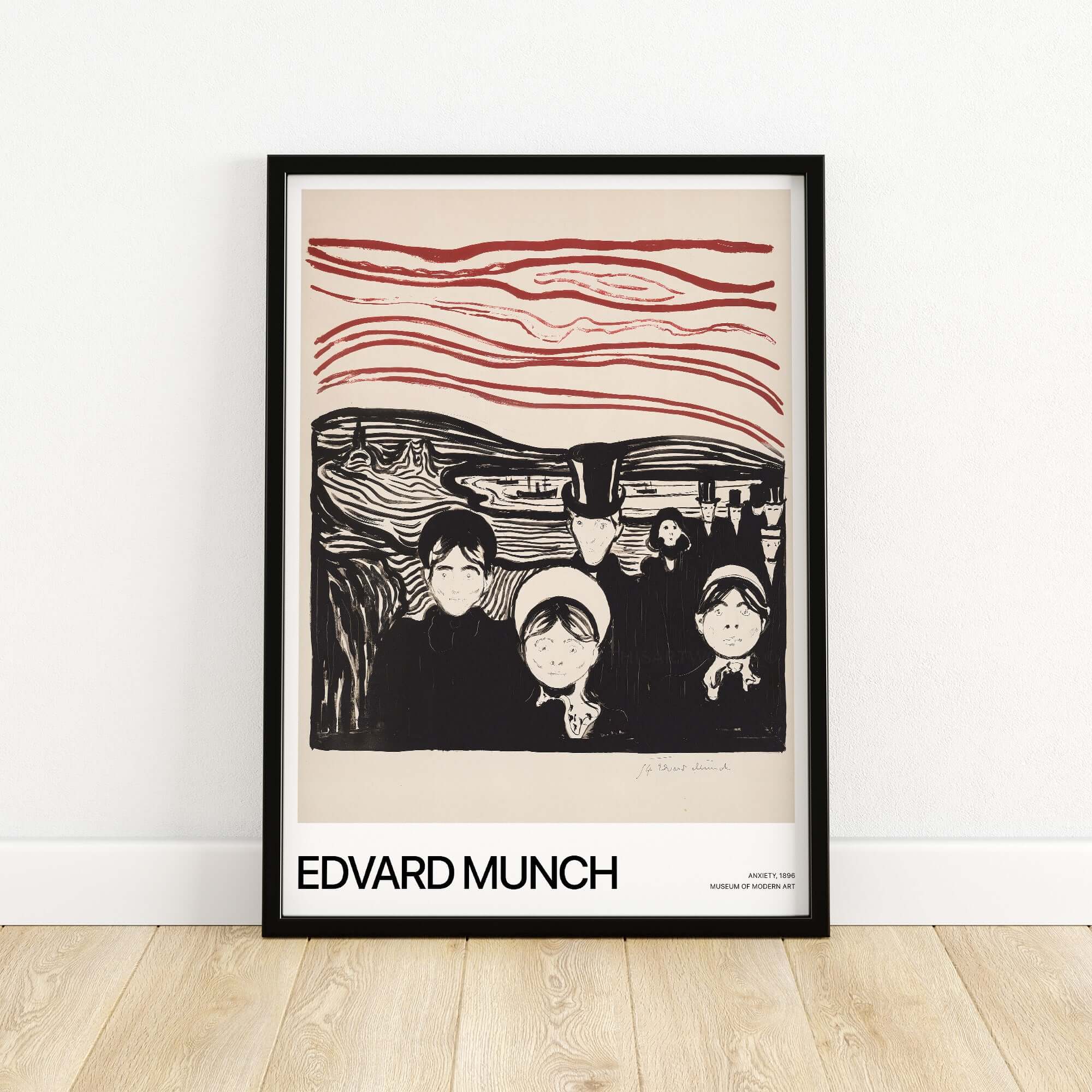 Edvard Munch Art Print - Anxiety 1896 Expressionist Lithograph MoMA Poster on display in a black frame.