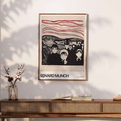 Edvard Munch Art Print - Anxiety 1896 Expressionist Lithograph MoMA Poster displayed in a stylish interior.