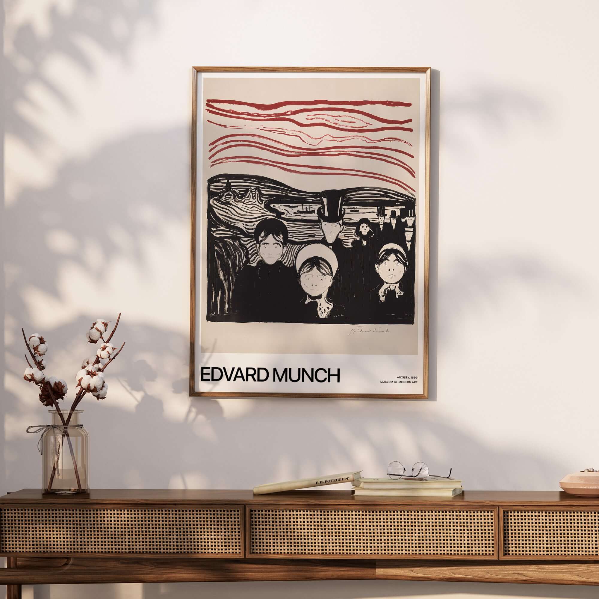 Edvard Munch Art Print - Anxiety 1896 Expressionist Lithograph MoMA Poster displayed in a stylish interior.