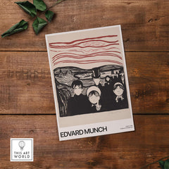 Edvard Munch Art Print - Anxiety 1896 Expressionist Lithograph MoMA Poster displayed on wooden background.