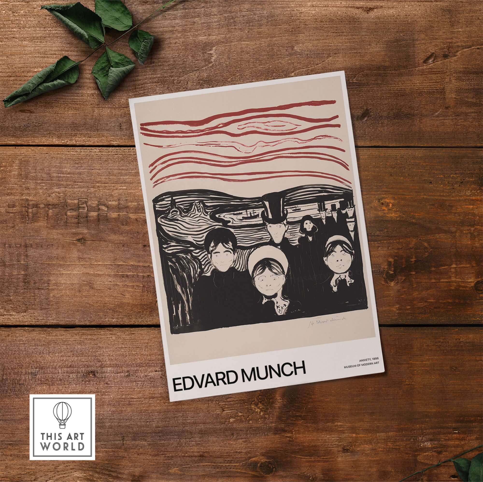 Edvard Munch Art Print - Anxiety 1896 Expressionist Lithograph MoMA Poster displayed on wooden background.